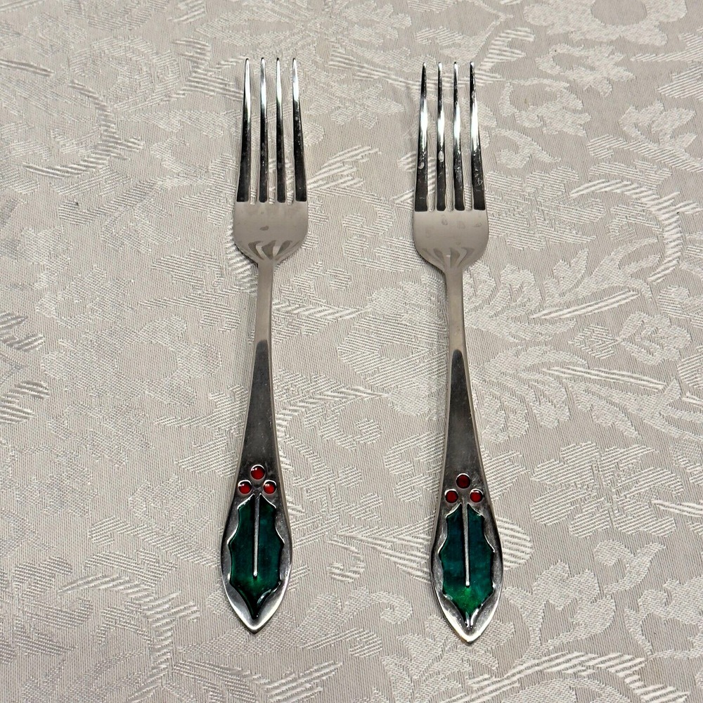 2 Salad Forks Cambridge Stainless Holly Christmas Holiday Berries Set Lot